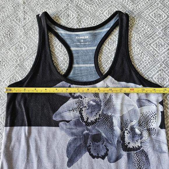 Express Flowery Silver Mini Dress w/ Blue Trim, Rhinestone Detailing and Stripes - Picture 15 of 16